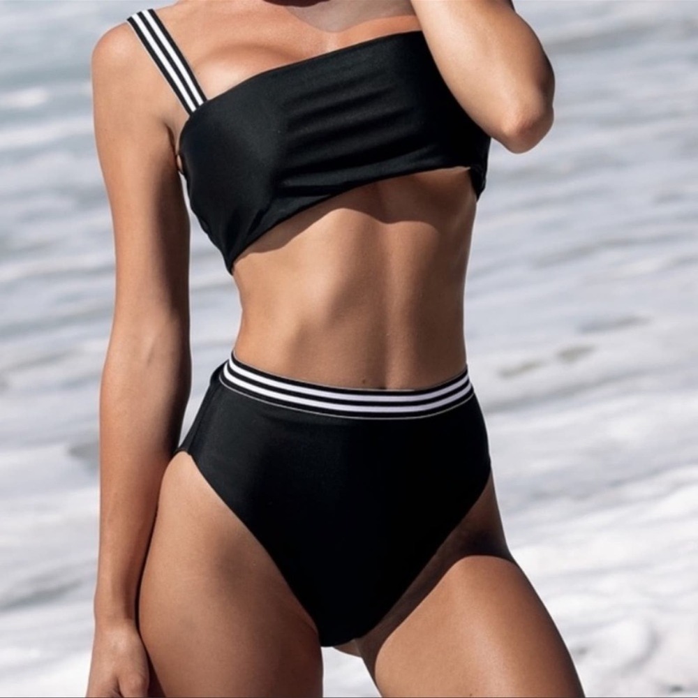 🆕 REVOLVE x VDM Black IZZY Sky High Waist High Rise Black Stripe Bikini Bottom